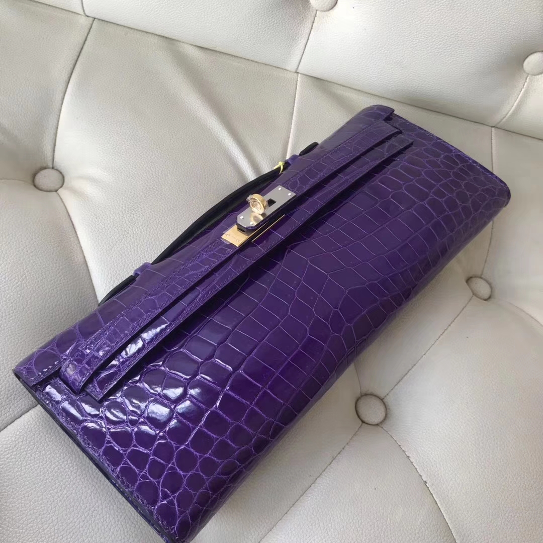 Luxury Hermes 5L Ultraviolet Shiny Crocodile Kelly Cut Clutch Bag Gold Hardware