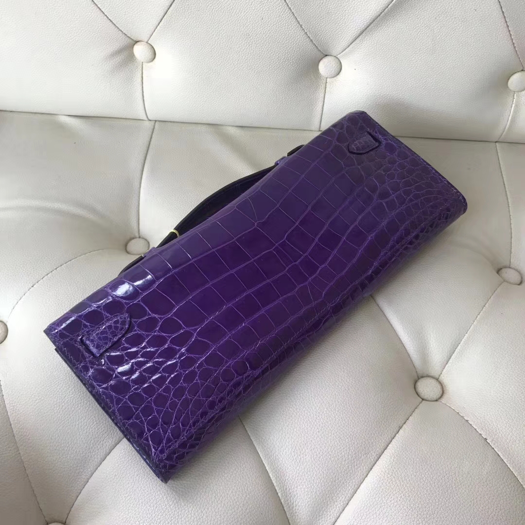 Luxury Hermes 5L Ultraviolet Shiny Crocodile Kelly Cut Clutch Bag Gold Hardware