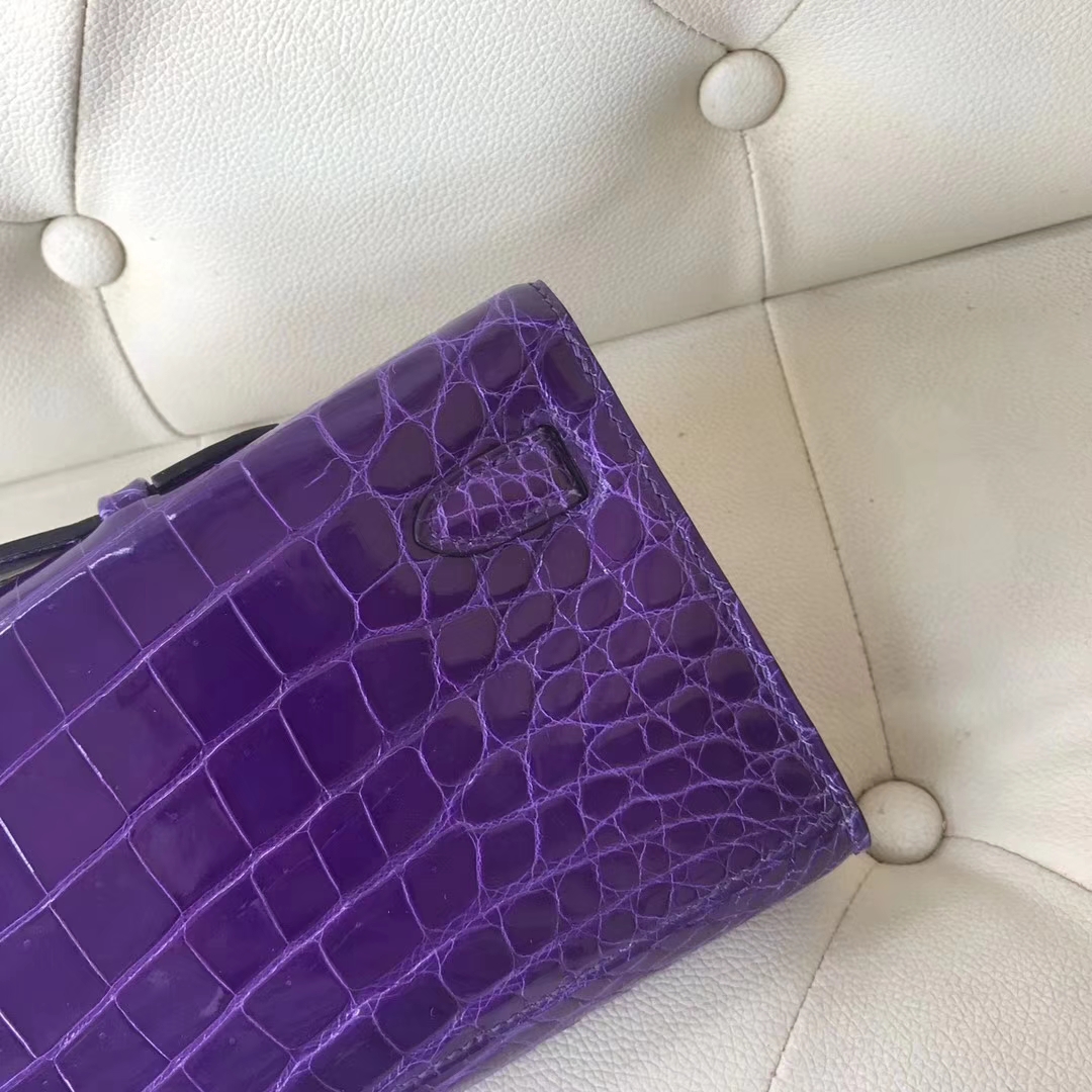Luxury Hermes 5L Ultraviolet Shiny Crocodile Kelly Cut Clutch Bag Gold Hardware