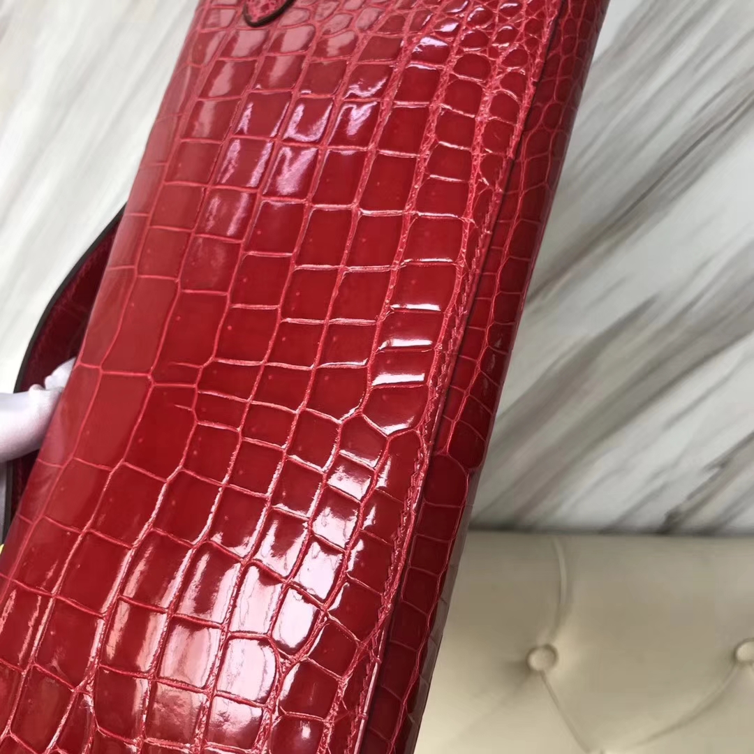Pretty Hermes CK95 Braise Shiny Crocodile Leather Kelly Cut Evening Bag Gold Hardware