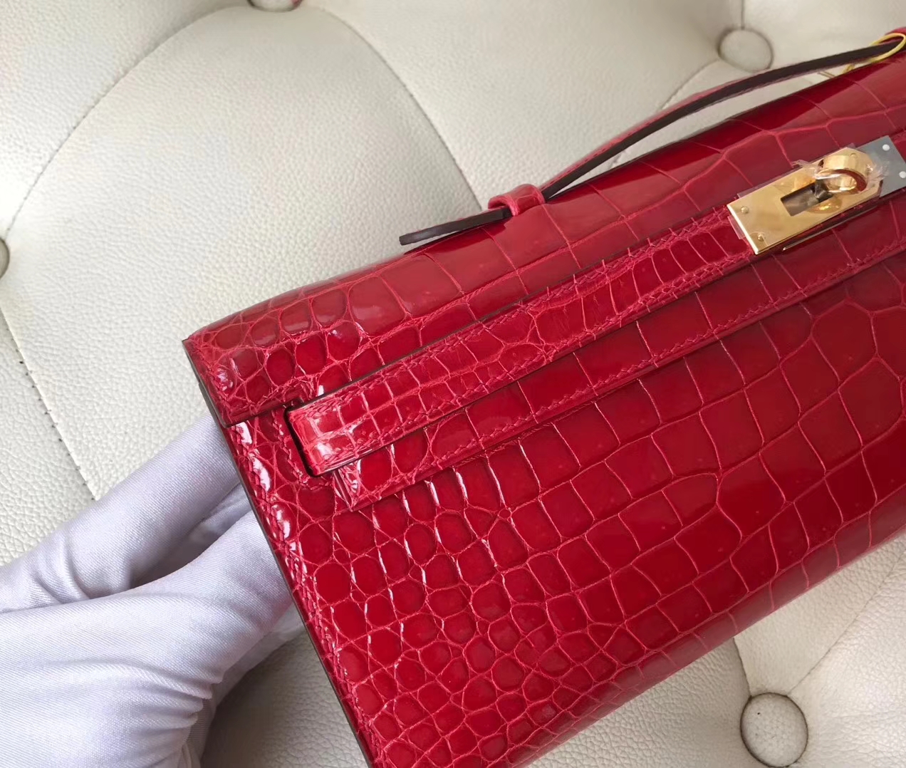 Pretty Hermes CK95 Braise Shiny Crocodile Leather Kelly Cut Evening Bag Gold Hardware