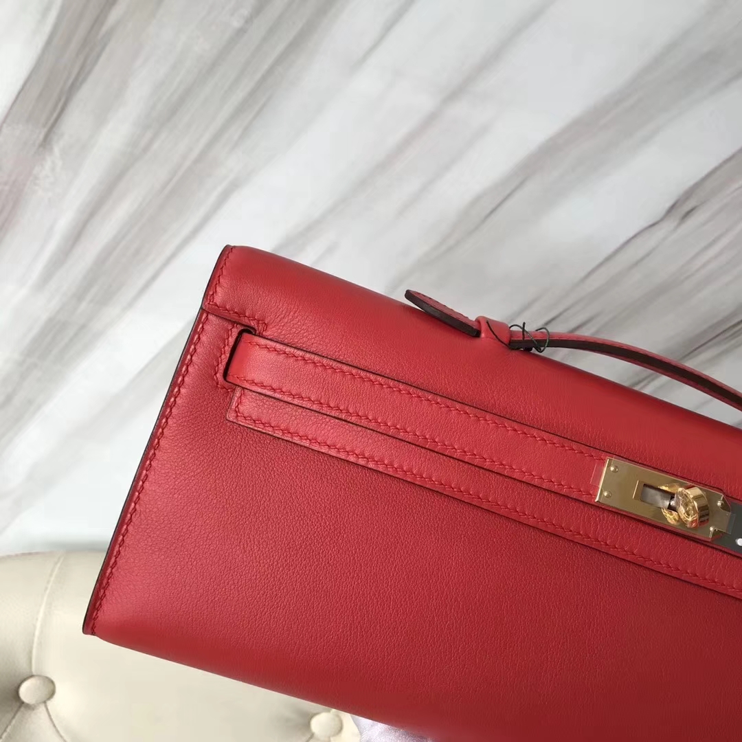Discount Hermes S5 Rouge Tamato Swift Calf Kelly Cut Clutch Bag31CM Gold Hardware