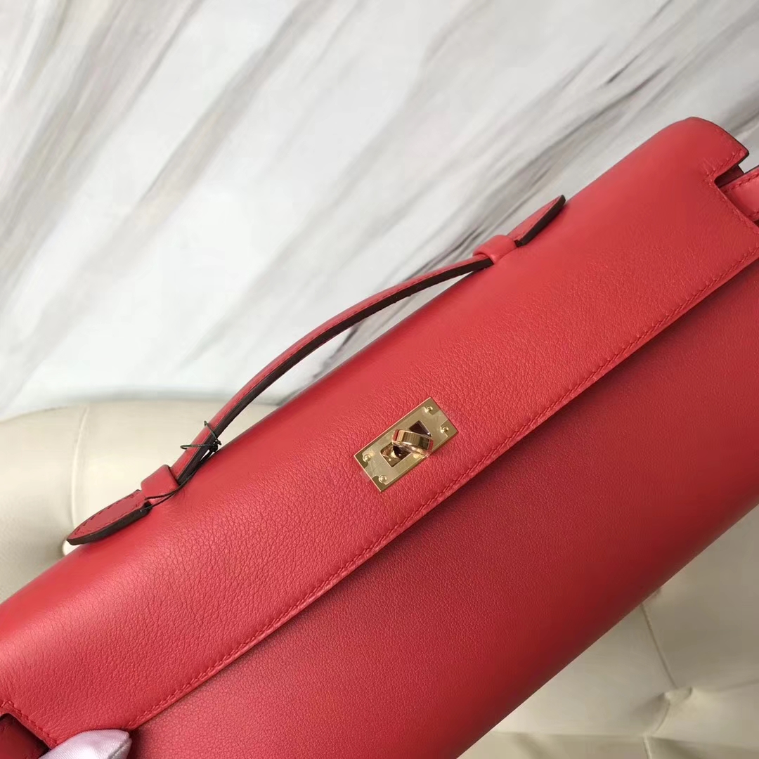 Discount Hermes S5 Rouge Tamato Swift Calf Kelly Cut Clutch Bag31CM Gold Hardware