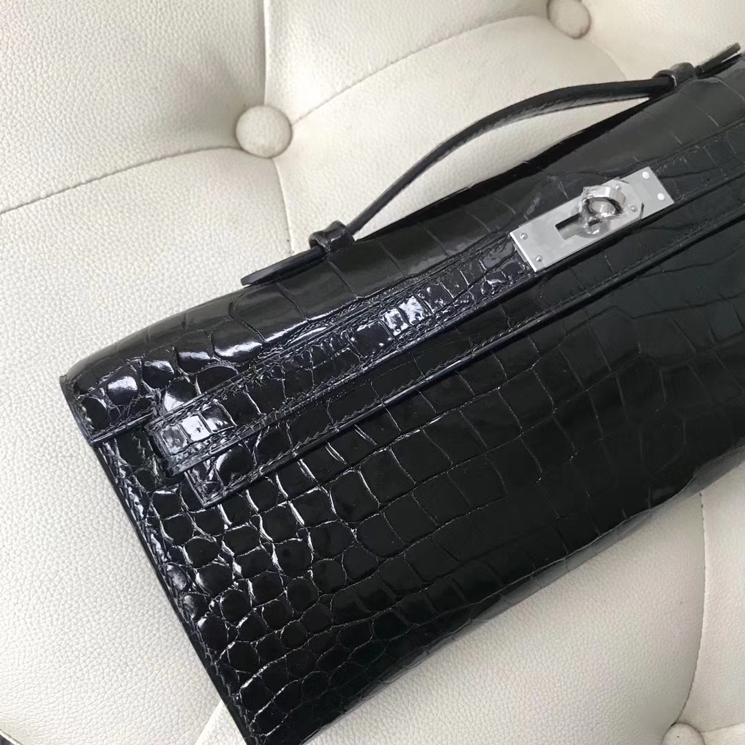 Luxury Hermes CK89 Black Porosus Shiny Crocodile Kelly Cut Evening Clutch Bag31CM