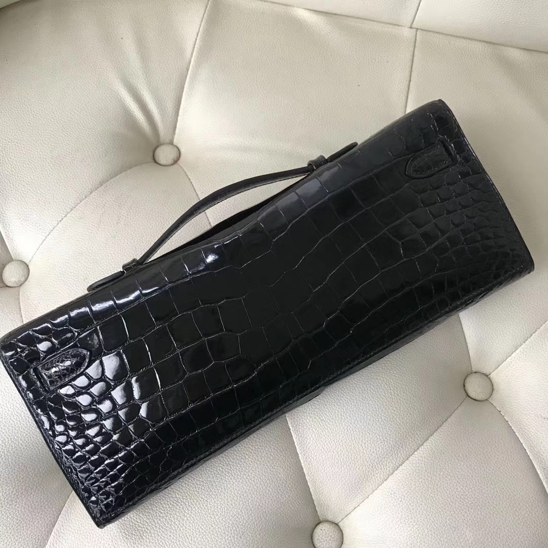 Luxury Hermes CK89 Black Porosus Shiny Crocodile Kelly Cut Evening Clutch Bag31CM