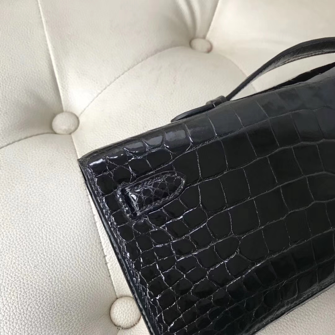 Luxury Hermes CK89 Black Porosus Shiny Crocodile Kelly Cut Evening Clutch Bag31CM
