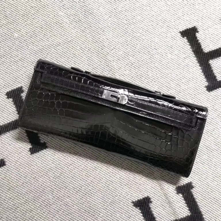 Hermes Black Shiny Crocodile Leather Kelly Cut Clutch Bag 31CM Silver Hardware