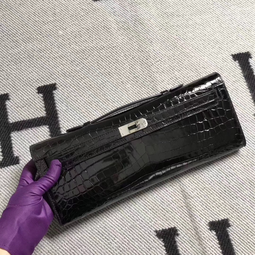 Fashion Hermes Black Shiny Crocodile Leather Kelly Cut Clutch Bag31CM Silver Hardware