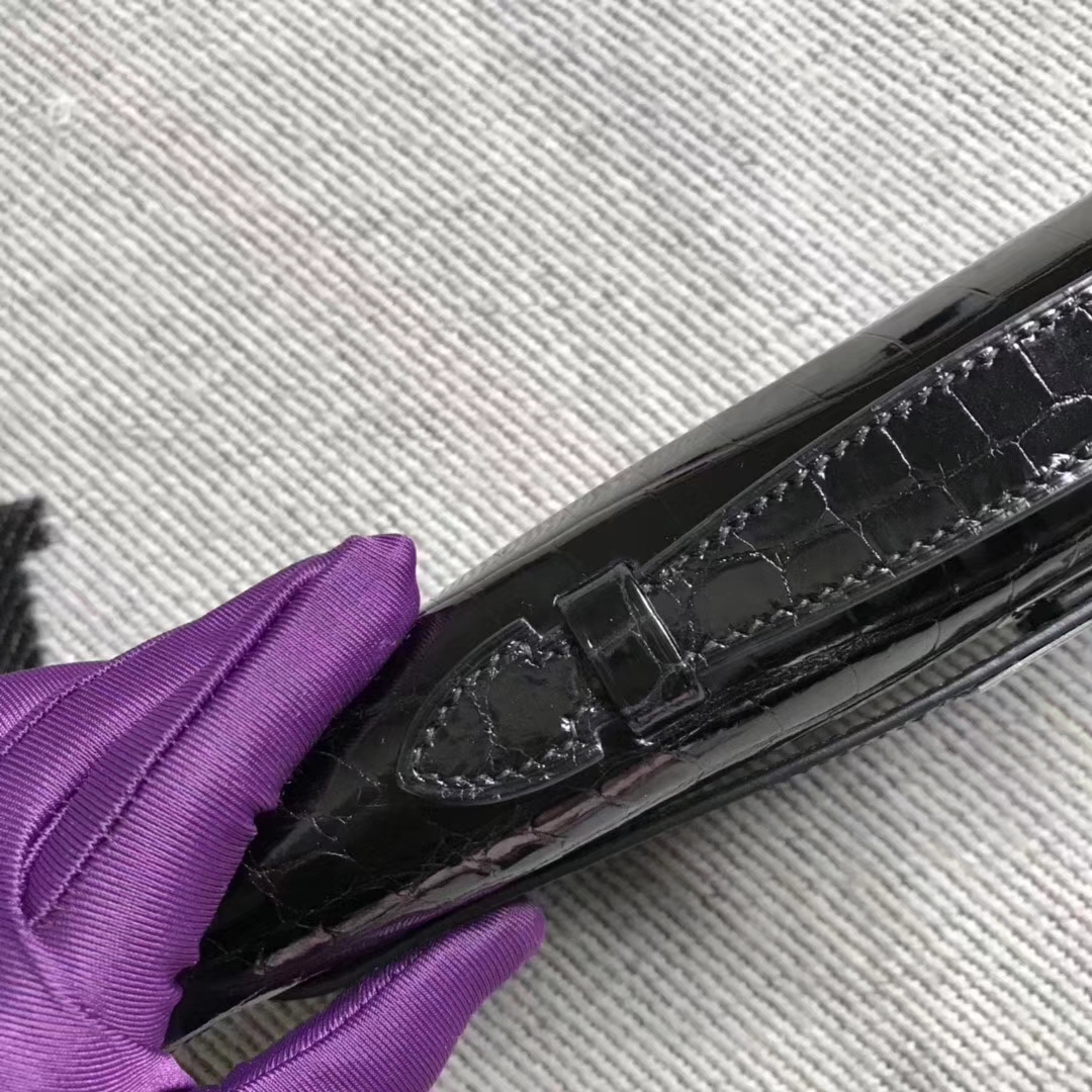 Fashion Hermes Black Shiny Crocodile Leather Kelly Cut Clutch Bag31CM Silver Hardware