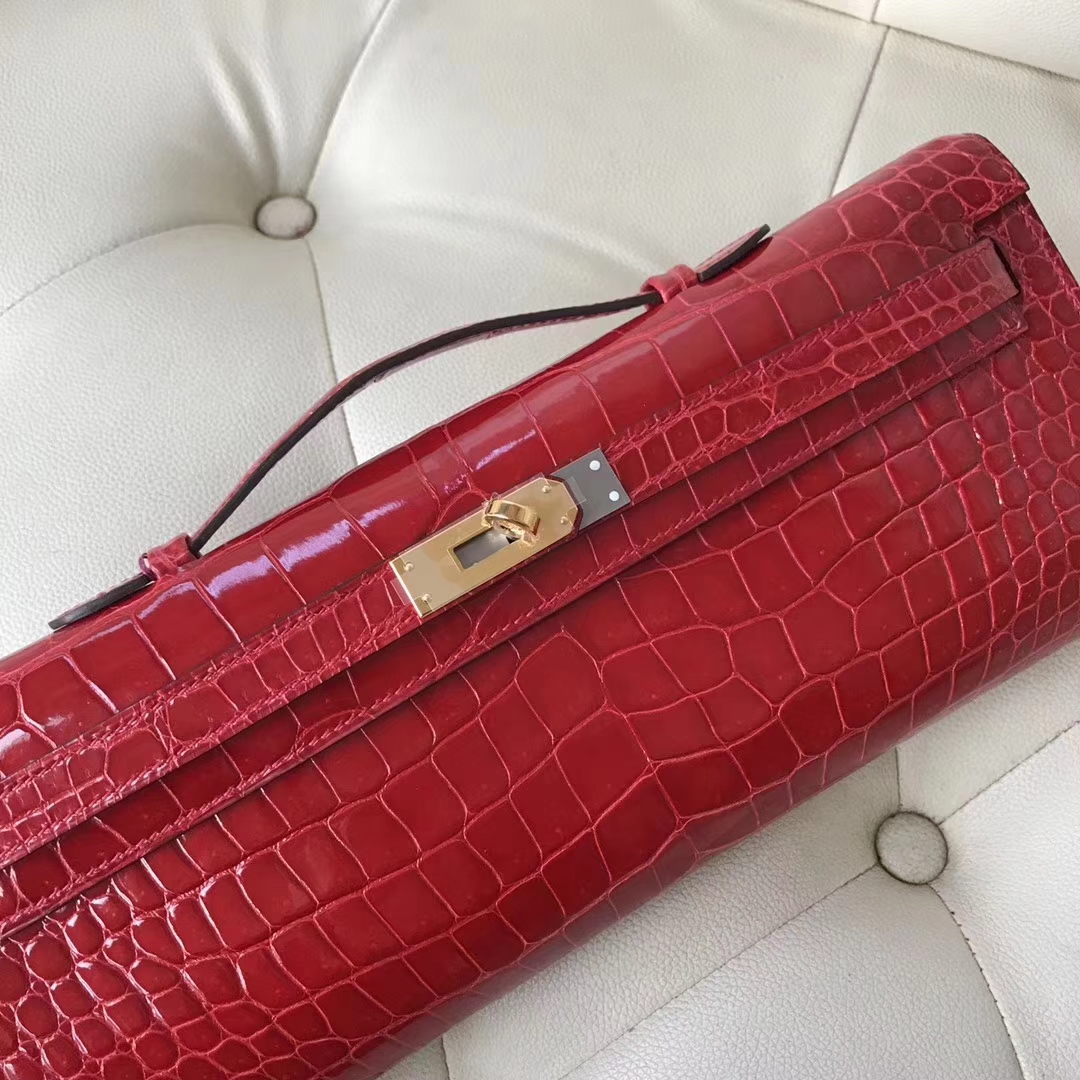 Sale Hermes CK95 Braise Porosus Shiny Crocodile Kelly Cut Clutch Bag Gold Hardware