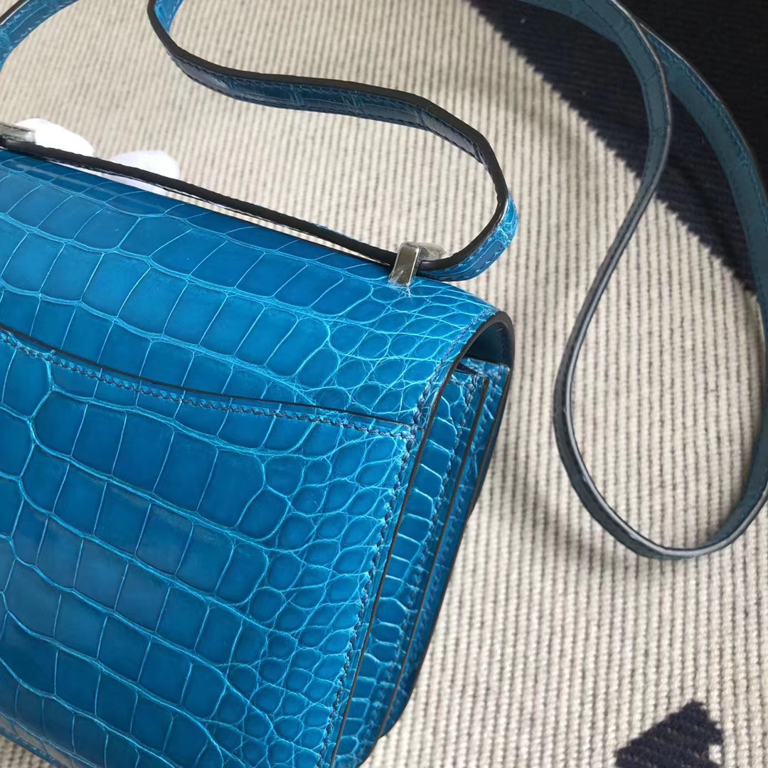 Luxury Hermes 7W Blue Izmir Shiny Crocodile Constance Bag19CM Silver Hardware