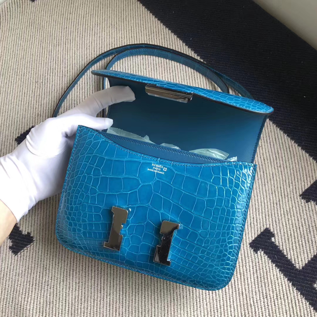 Luxury Hermes 7W Blue Izmir Shiny Crocodile Constance Bag19CM Silver Hardware