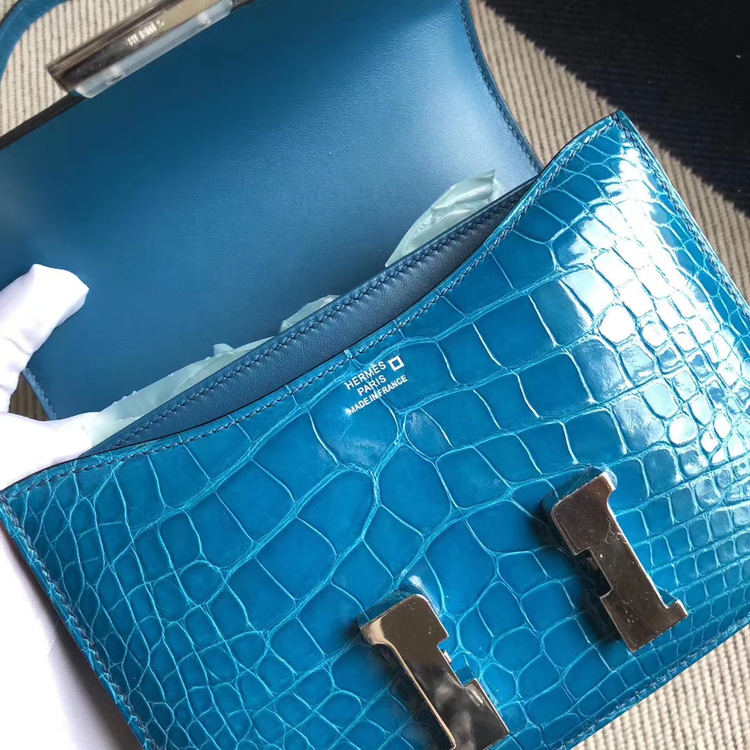 Luxury Hermes 7W Blue Izmir Shiny Crocodile Constance Bag19CM Silver Hardware