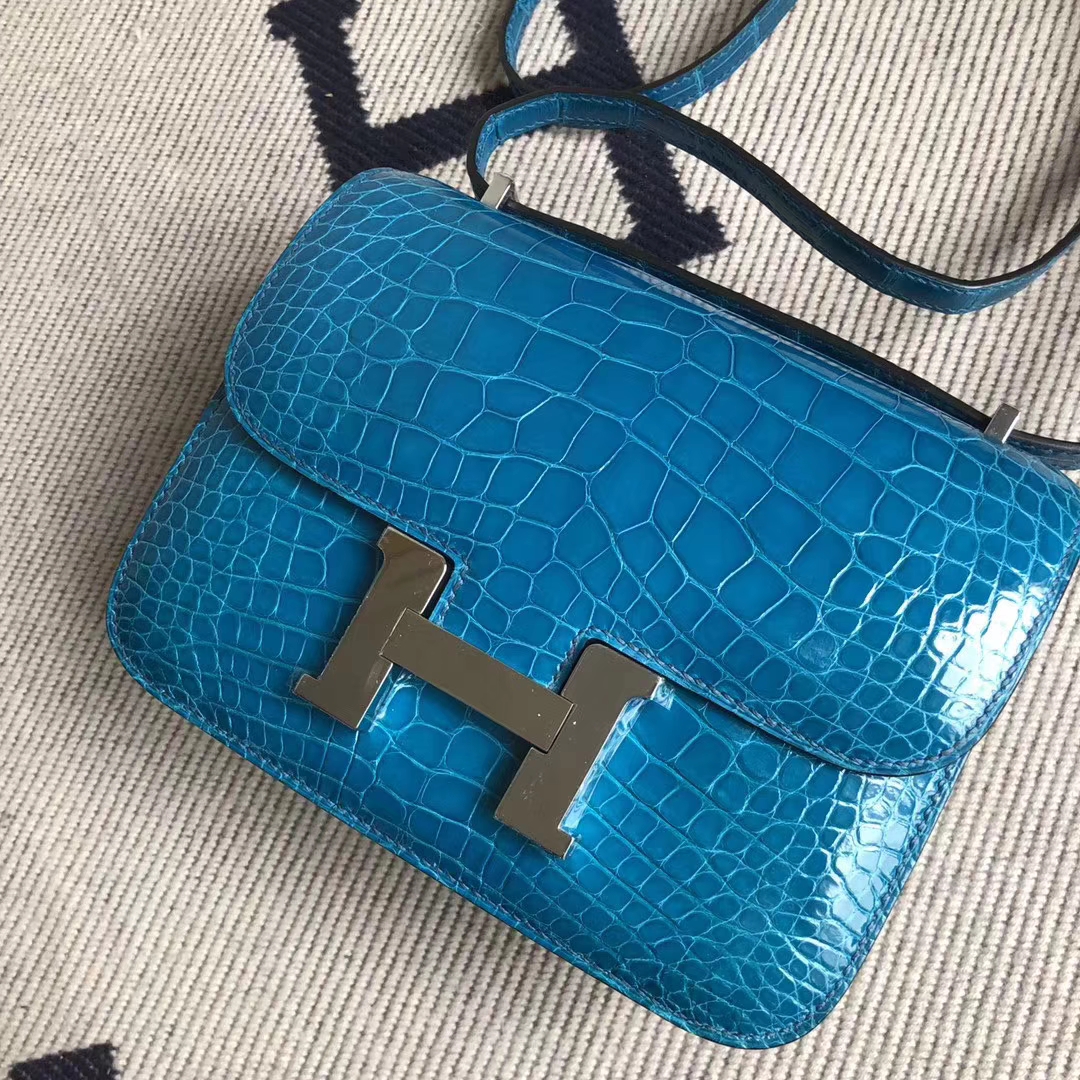 Luxury Hermes 7W Blue Izmir Shiny Crocodile Constance Bag19CM Silver Hardware