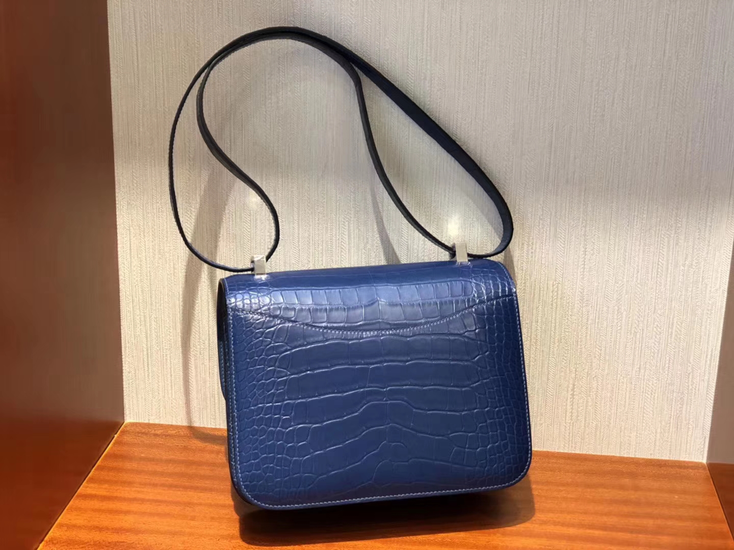 Customize Hermes Blue Brighton Matt Crocodile Constance23CM Shoulder Bag Silver Hardware