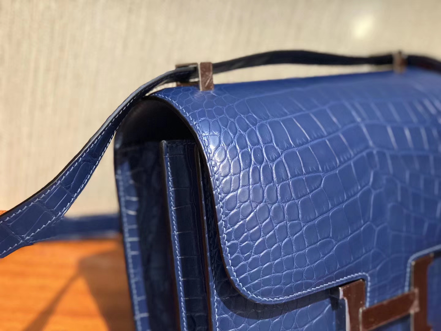 Customize Hermes Blue Brighton Matt Crocodile Constance23CM Shoulder Bag Silver Hardware
