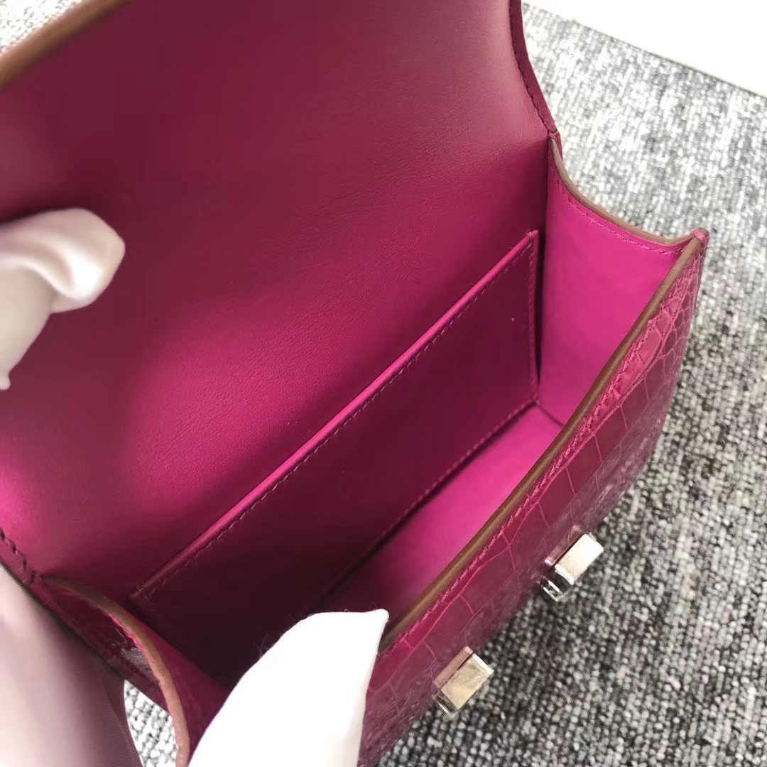Pretty Hermes J5 Rose Scheherazade Shiny Crocodile Constance14CM Bag Silver Hardware