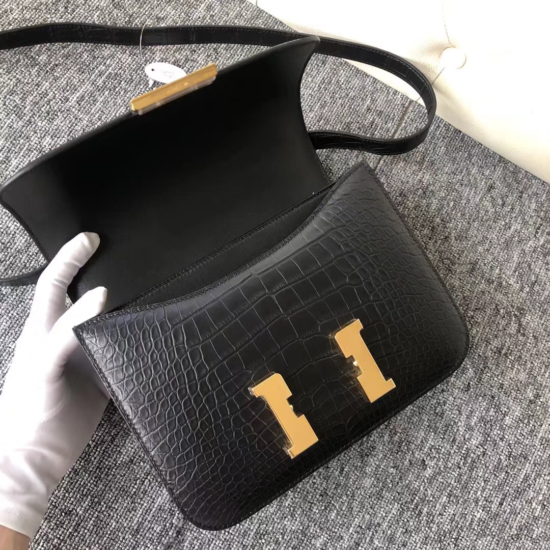 Customize Hermes Matt Alligator Crocodile Constance23CM Bag in CK89 Black Gold Hardware