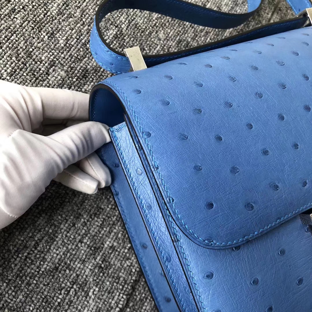 Customize Hermes 7Q Blue Mykonos KK Ostrich Constance Bag23CM Silver Hardware