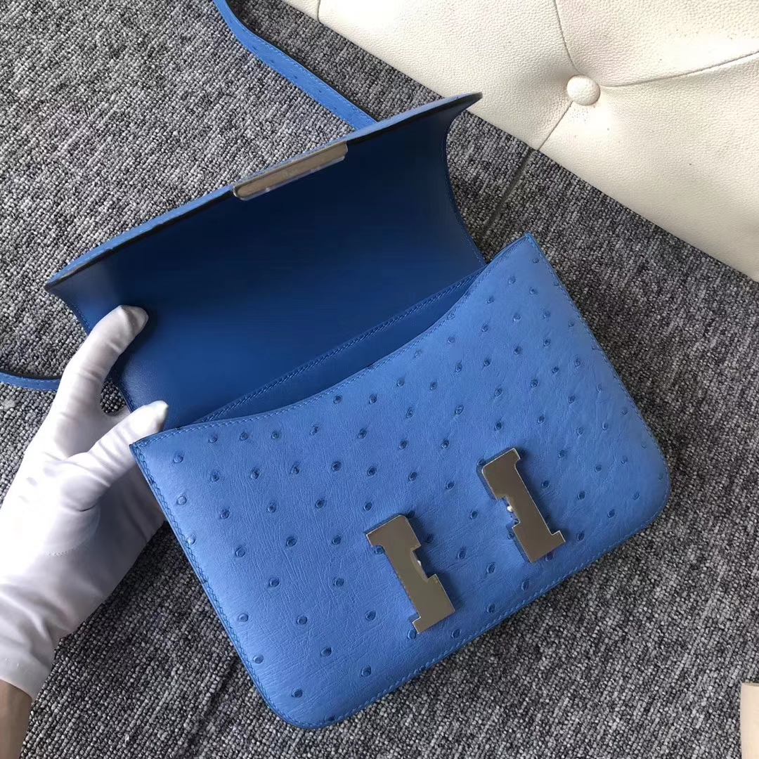Customize Hermes 7Q Blue Mykonos KK Ostrich Constance Bag23CM Silver Hardware