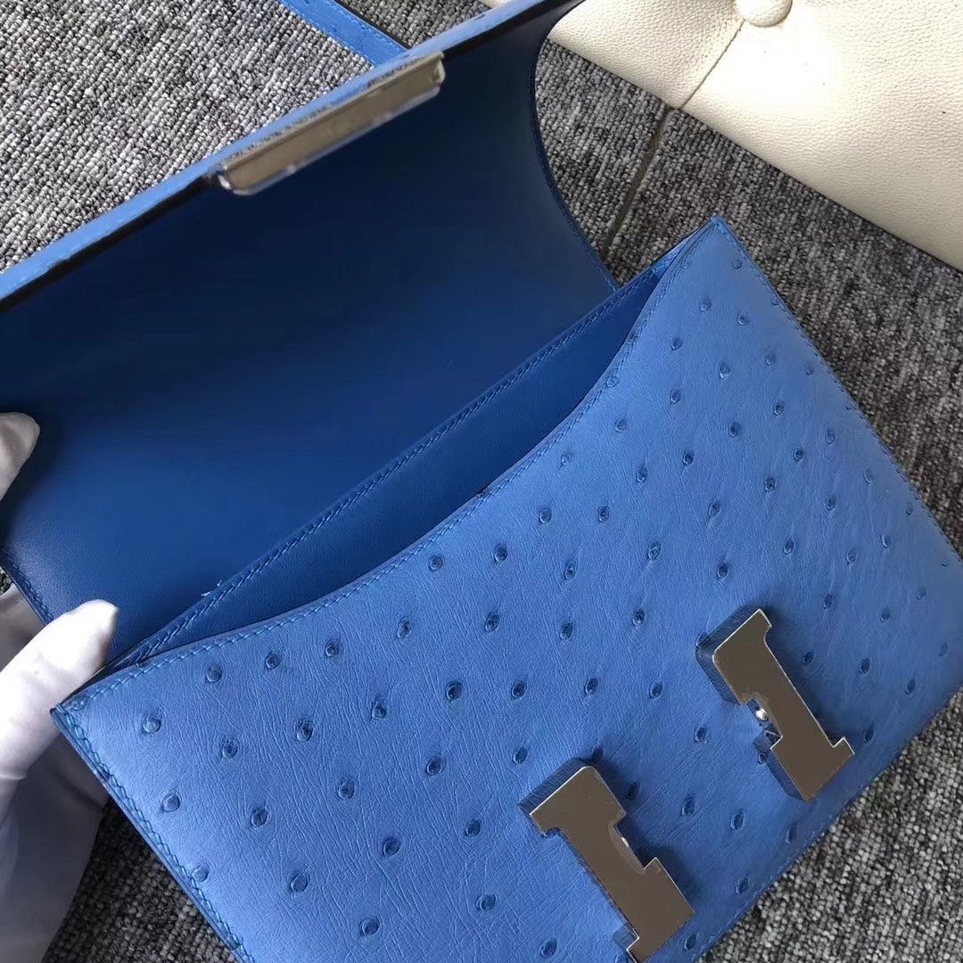 Customize Hermes 7Q Blue Mykonos KK Ostrich Constance Bag23CM Silver Hardware