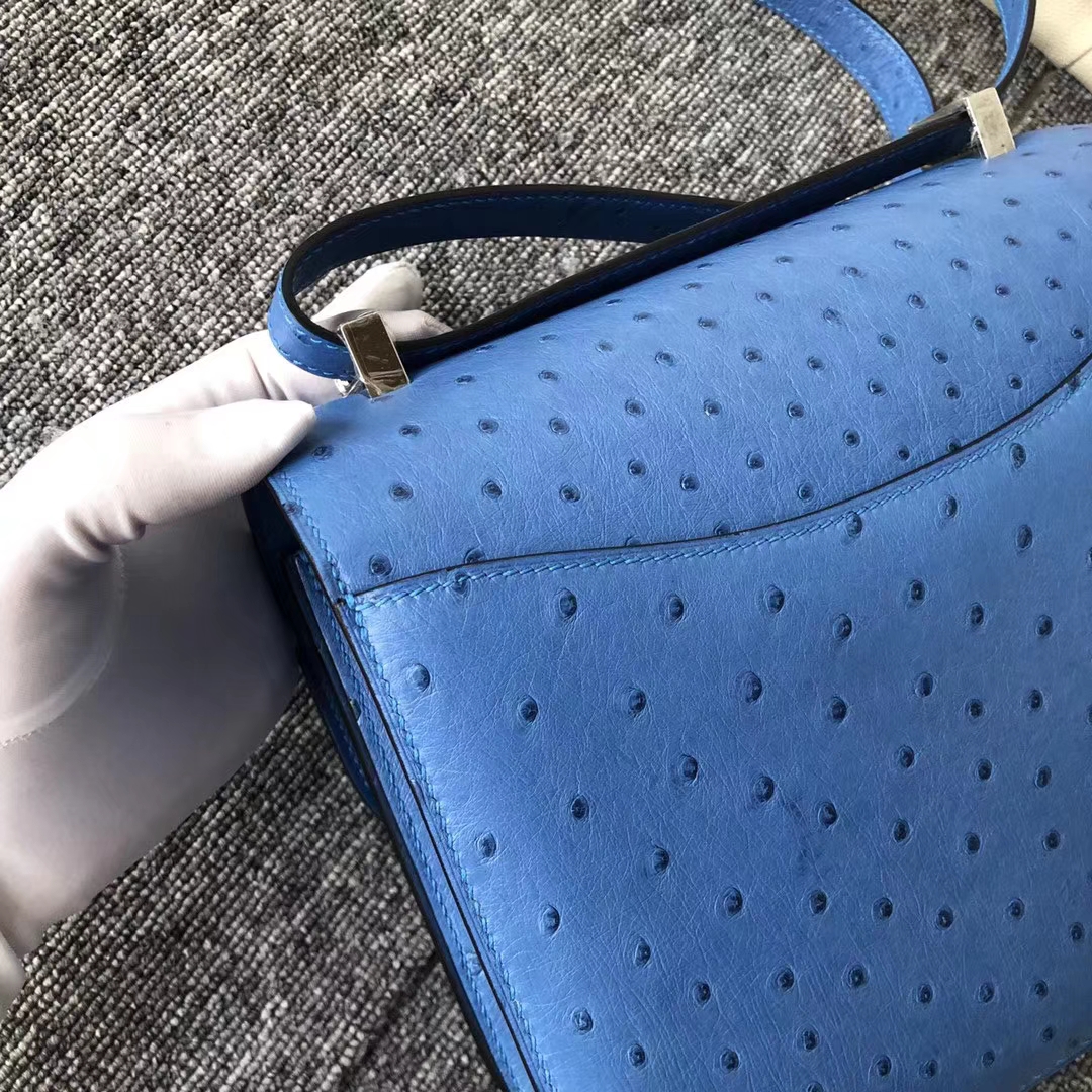 Customize Hermes 7Q Blue Mykonos KK Ostrich Constance Bag23CM Silver Hardware