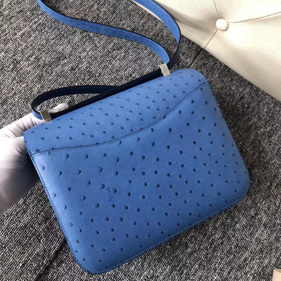 Customize Hermes 7Q Blue Mykonos KK Ostrich Constance Bag23CM Silver Hardware