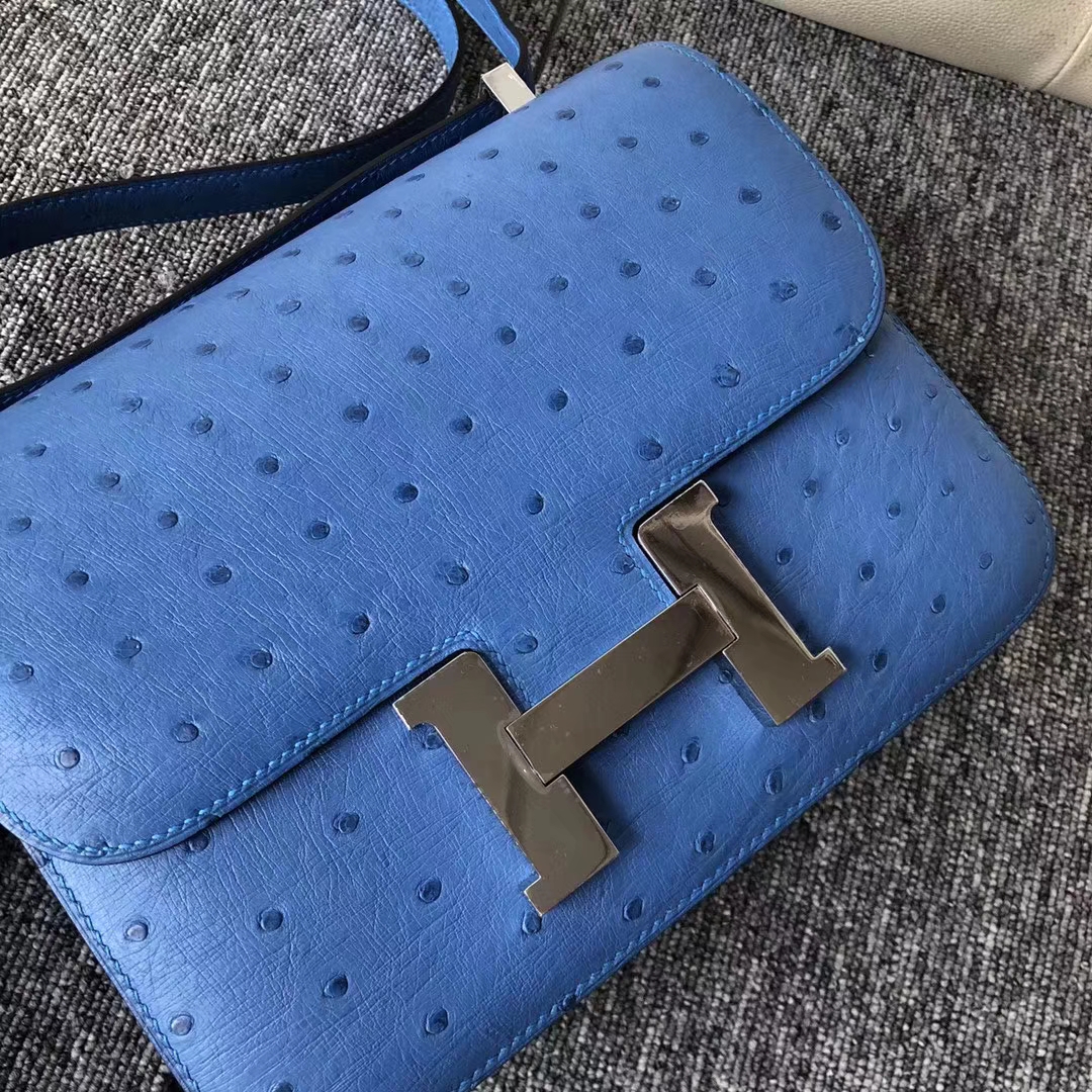 Customize Hermes 7Q Blue Mykonos KK Ostrich Constance Bag23CM Silver Hardware