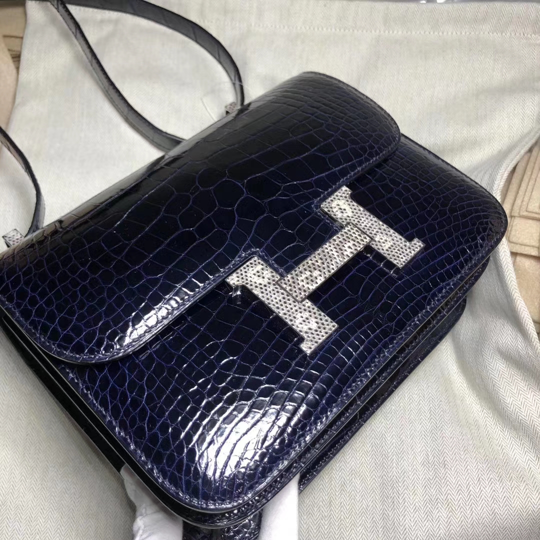 Customize Hermes Blue Saphir Shiny Crocodile Constance23CM Bag Lizard Buckle