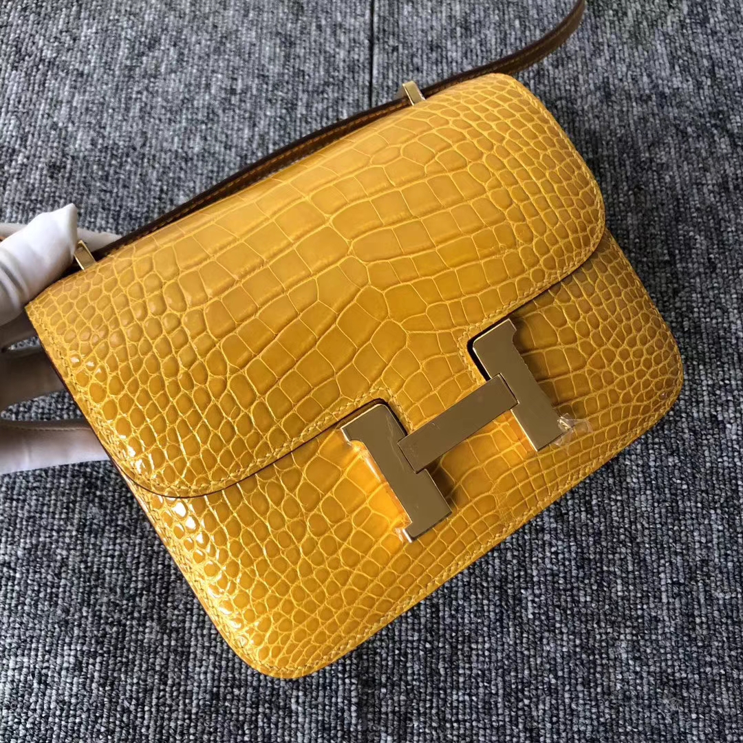 Discount Hermes Shiny Crocodile Constance18CM Bag in 9D Ambre Yellow Gold Hardware