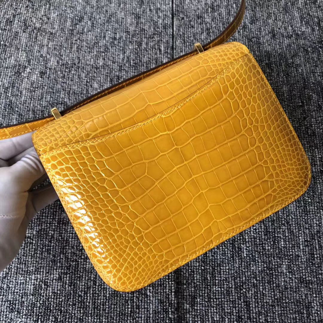 Discount Hermes Shiny Crocodile Constance18CM Bag in 9D Ambre Yellow Gold Hardware