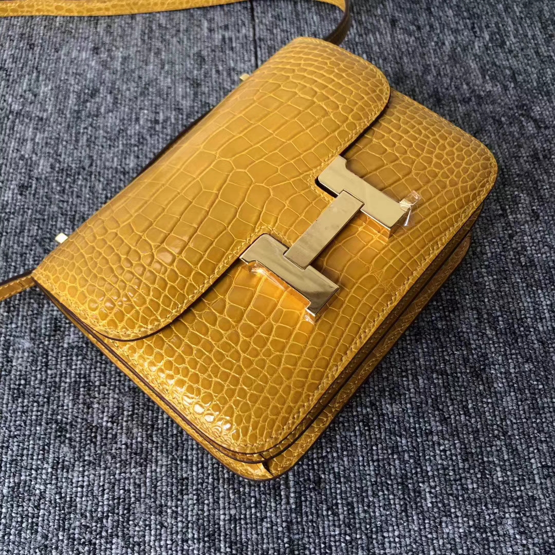 Discount Hermes Shiny Crocodile Constance18CM Bag in 9D Ambre Yellow Gold Hardware