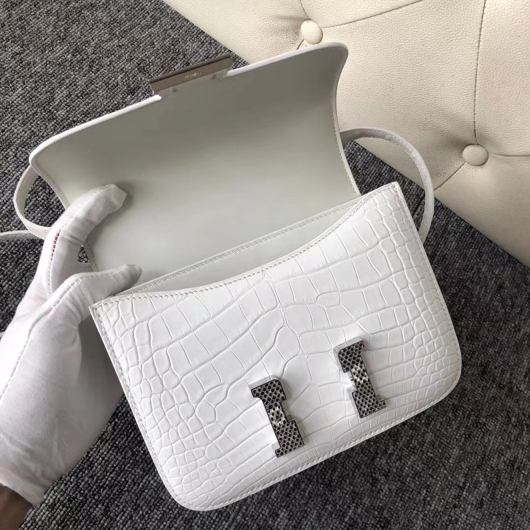 Customize Hermes 01 Pure White Matt Crocodile Constance Bag19CM Lizard Buckle