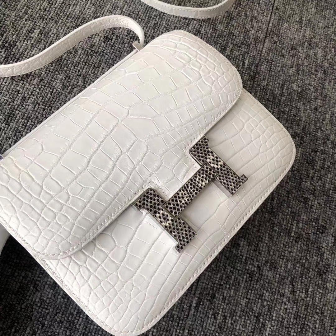 Customize Hermes 01 Pure White Matt Crocodile Constance Bag19CM Lizard Buckle