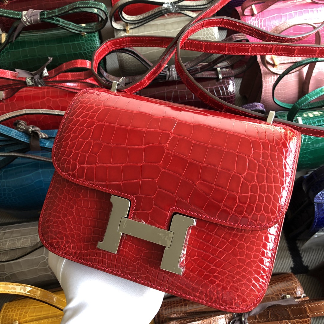 Stock Hermes CK95 Braise Shiny Crocodile Constance Bag18cm Gold/Silver Hardware