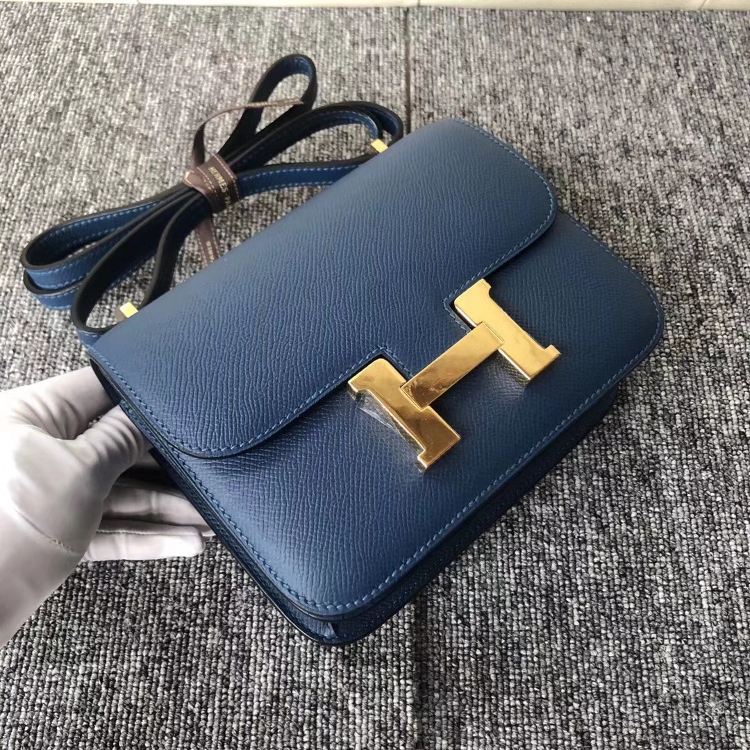 Stock Hermes S4 Deep Blue Epsom Calf Constance Bag19CM Gold Hardware