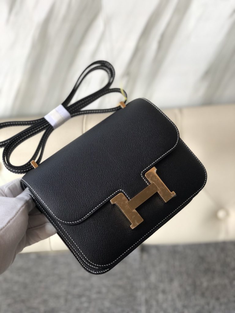 Hermes CK89 Noir Epsom Constance 18CM Bag White Line Gold Hardware