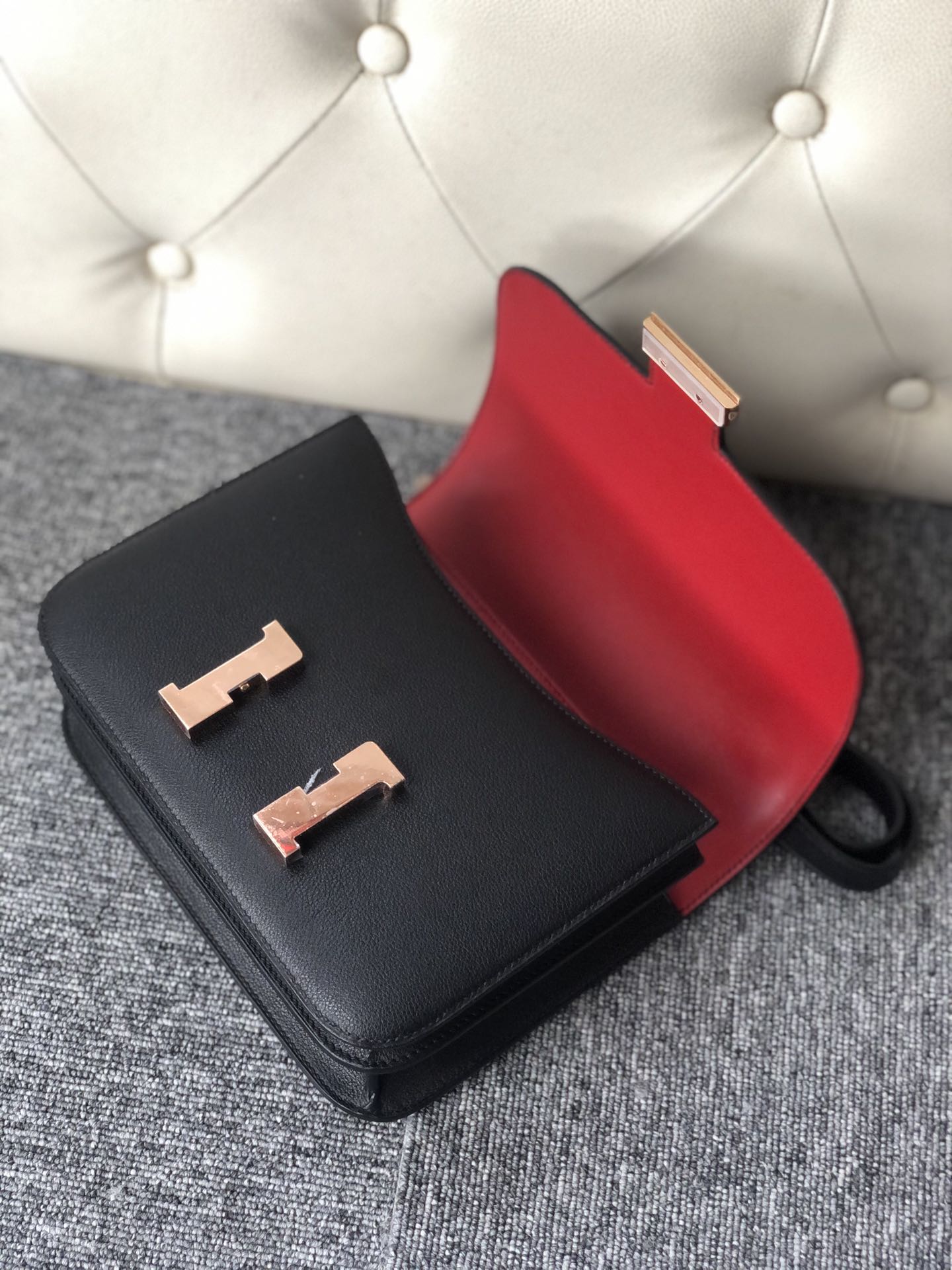 Customize Hermes CK89 Noir/Rouge Casaque inner Evercolor Constance Bag Rose Gold Hardware