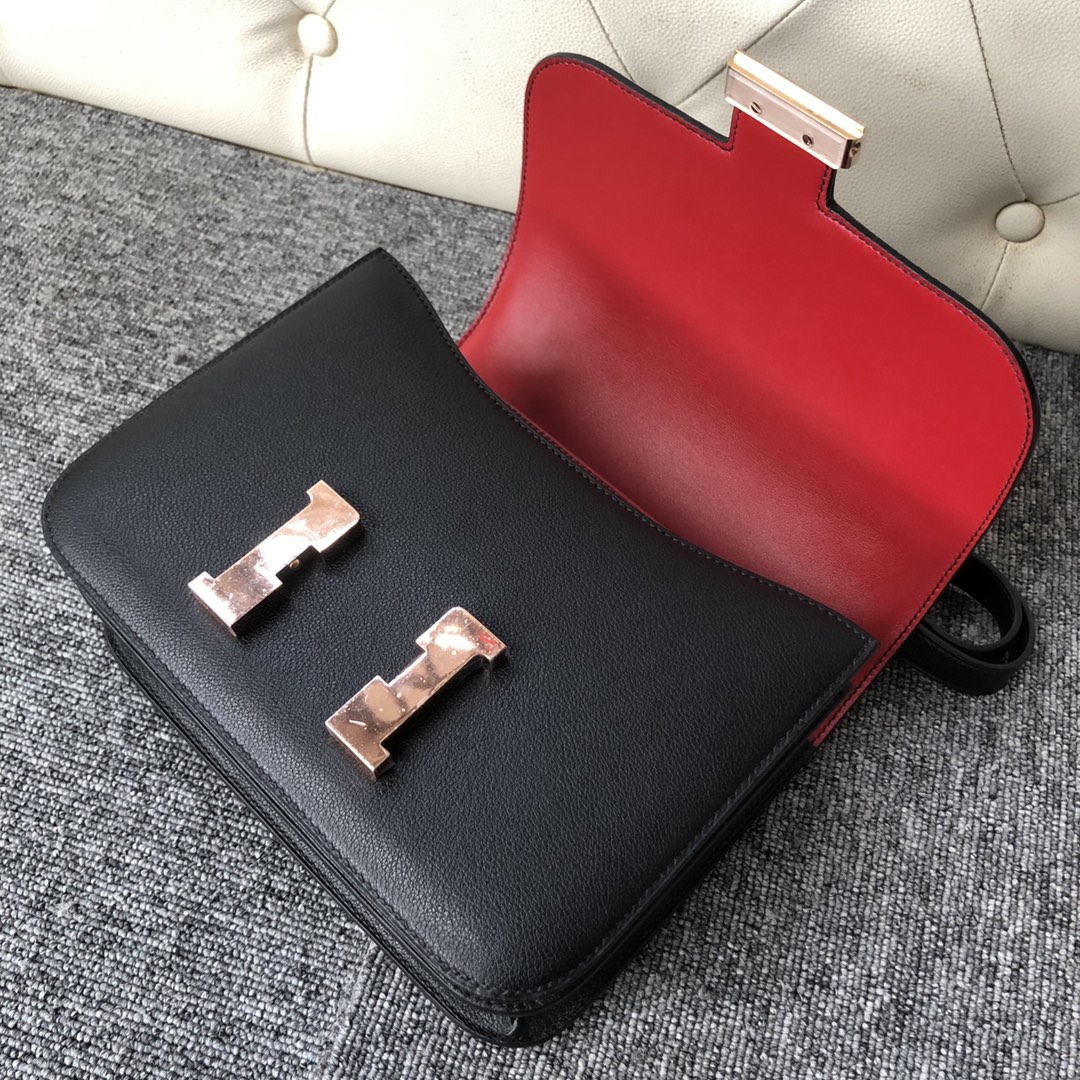 Customize Hermes CK89 Noir/Rouge Casaque inner Evercolor Constance Bag Rose Gold Hardware