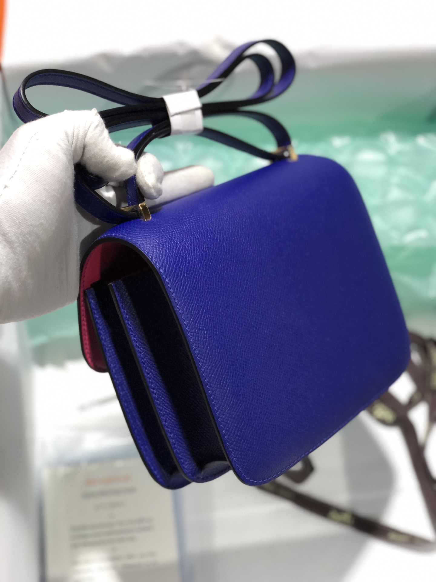 Hermes 7T Blue Electric/Rose Lipstick Epsom Constance Bag18CM Rose Gold Hardware