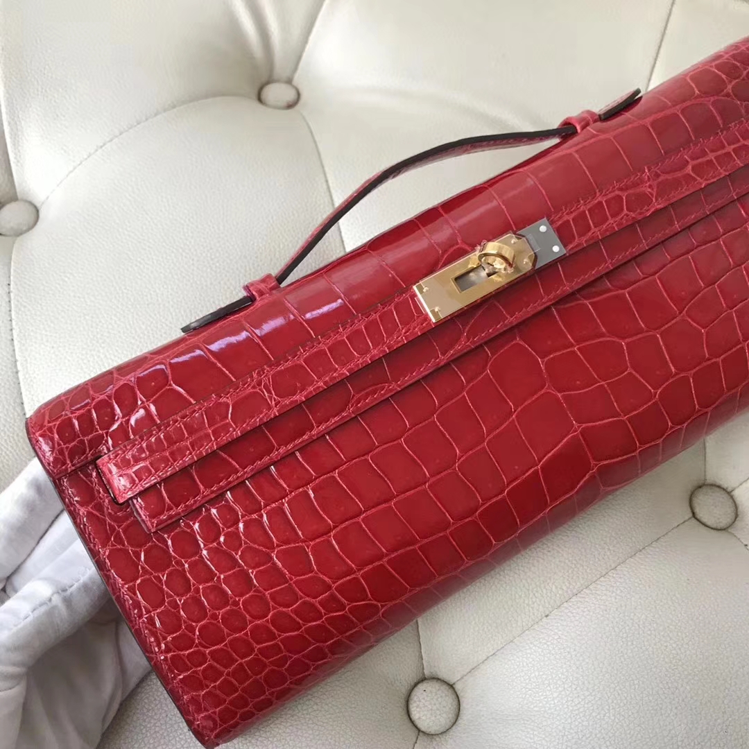 Sale Hermes CK95 Braise Porosus Shiny Crocodile Kelly Cut Clutch Bag Gold Hardware