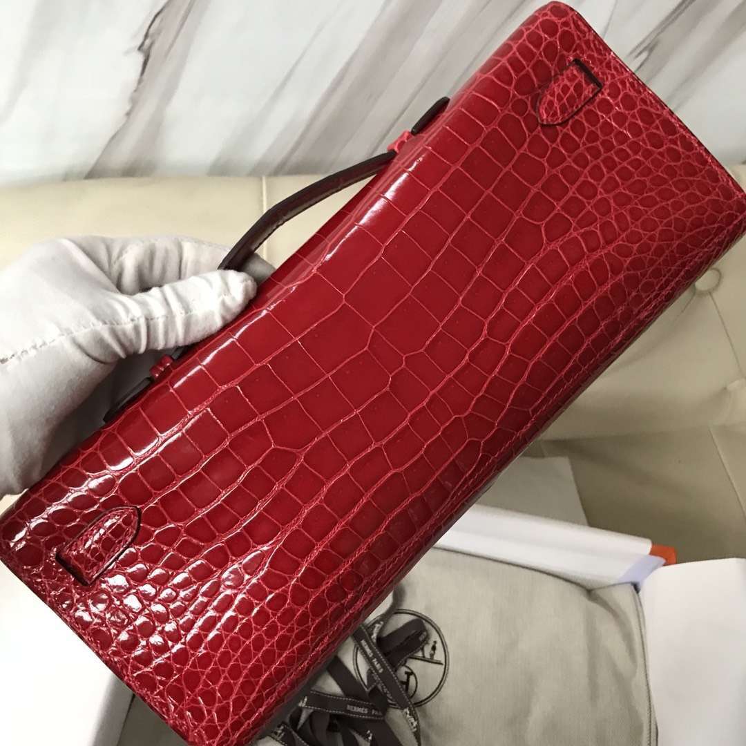 Sale Hermes Porosus Shiny Crocodile Kelly Cut31CM Clutch Bag in CK95 Braise Silver Hardware