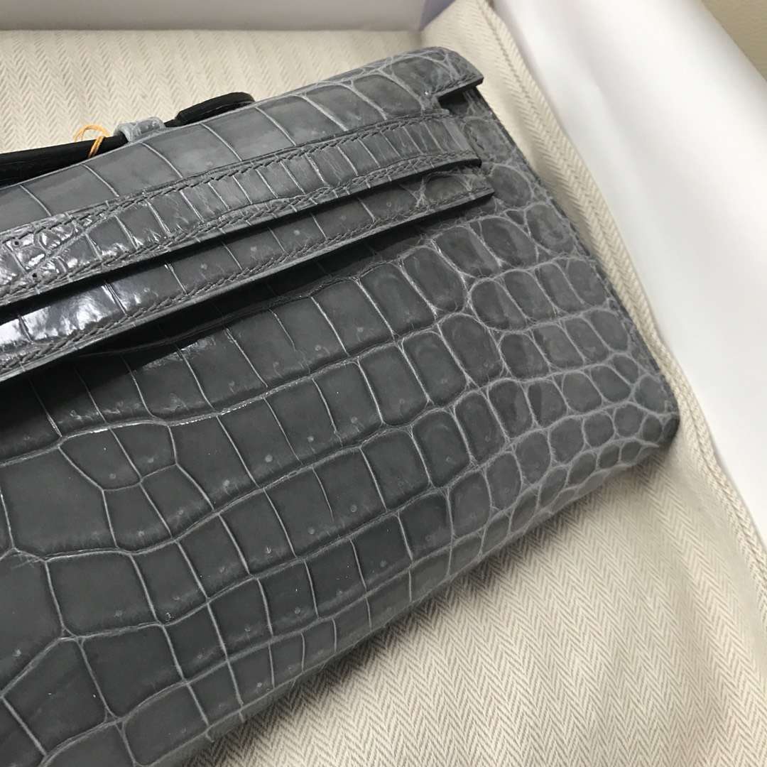 Fashion Hermes 8F Iron Grey Shiny Crocodile Kelly Cut31CM Evening Clutch Bag