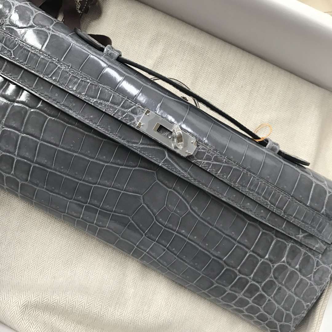 Fashion Hermes 8F Iron Grey Shiny Crocodile Kelly Cut31CM Evening Clutch Bag