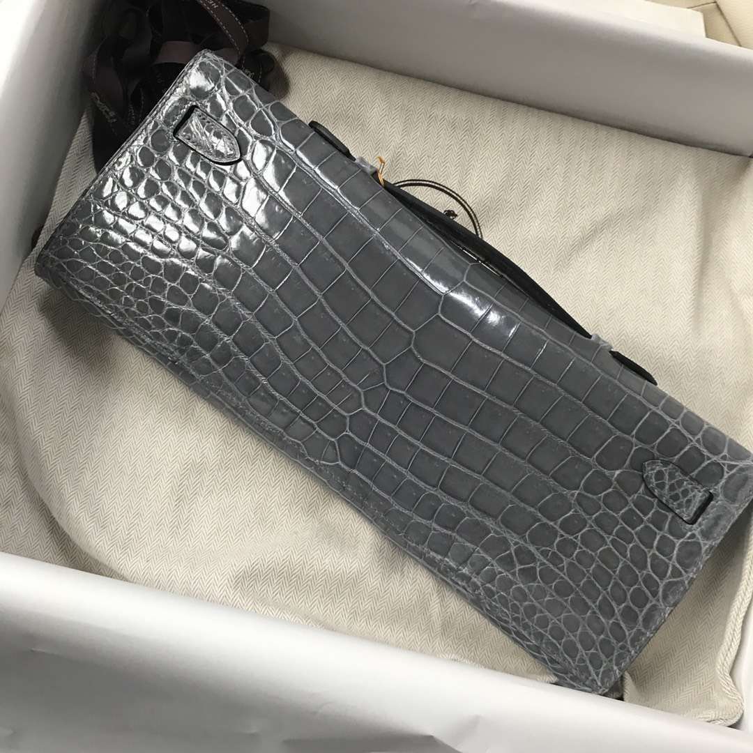 Fashion Hermes 8F Iron Grey Shiny Crocodile Kelly Cut31CM Evening Clutch Bag