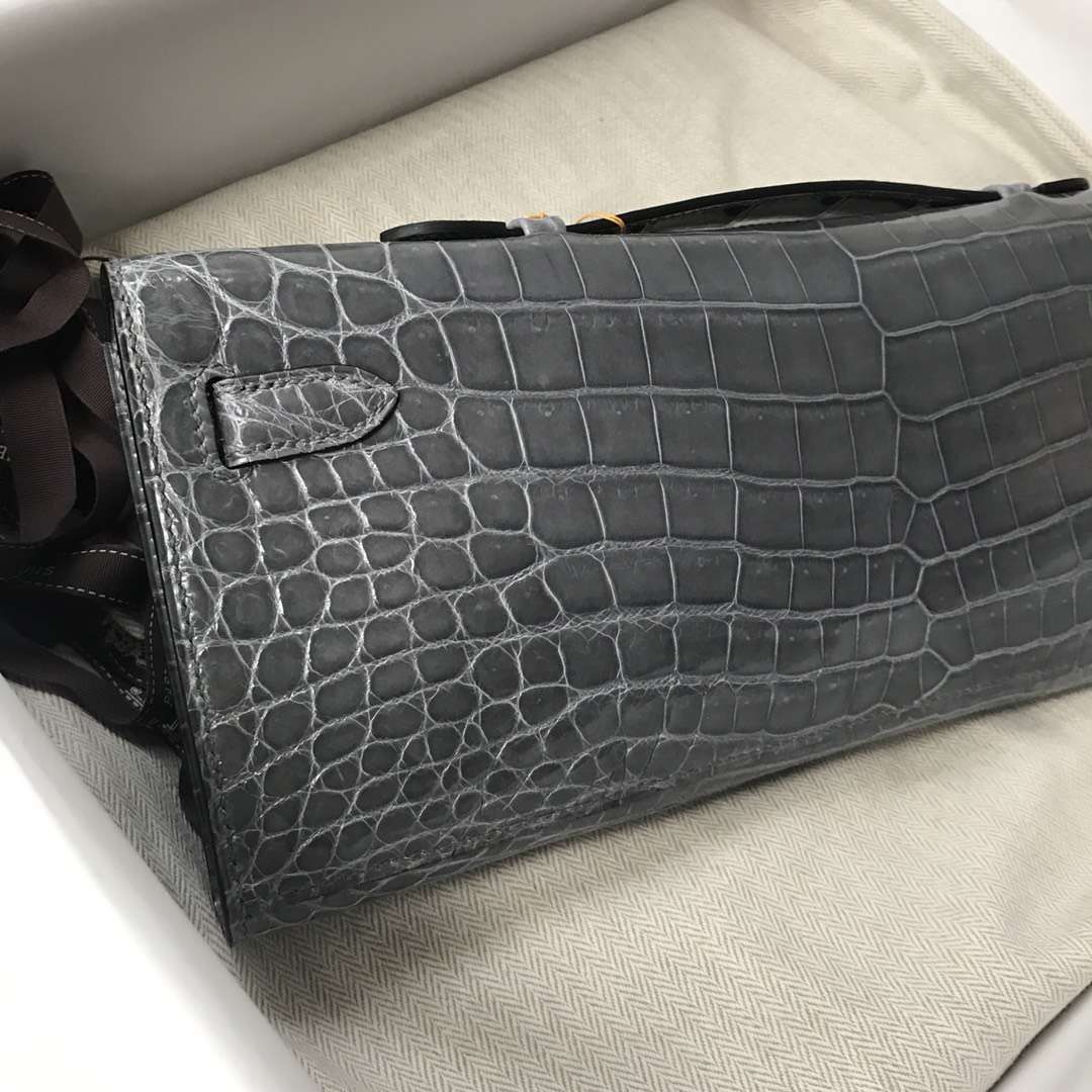 Fashion Hermes 8F Iron Grey Shiny Crocodile Kelly Cut31CM Evening Clutch Bag