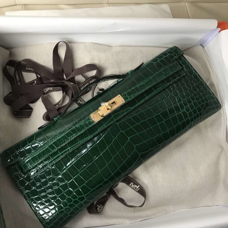 Hermes CK67 Vert Fonce Shiny Crocodile Leather Kelly Cut Evening Bag Gold Hardware
