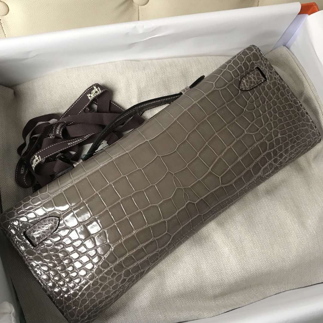 Wholesale Hermes CK81 Gris Tourterelle Porosus Shiny Crocodile Kelly Cut Evening Bag Silver Hardware
