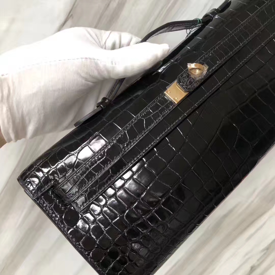 Stock Hermes CK89 Noir Porosus Shiny Crocodile Kelly Cut Clutch Bag31CM Gold Hardware