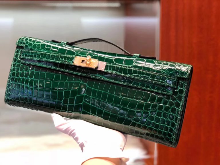 Hermes Porosus Crocodile Kelly Cut Clutch Bag CK67 Vert Fonce Gold Hardware